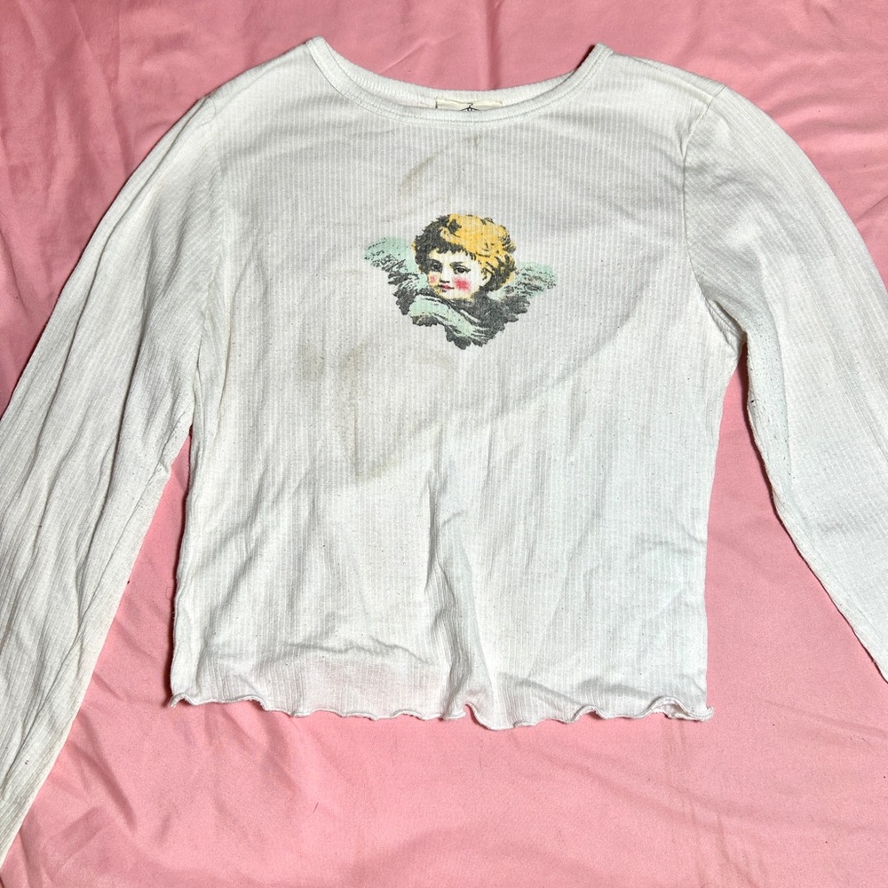 cute angel graphic long sleeve crop top